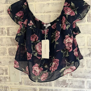 NWT Lucy Paris Women's XS Oversized Navy and Pink Crop-top Flowy Floral Dressy